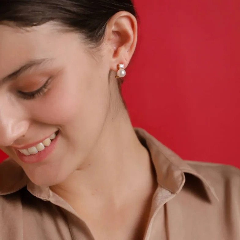 Tu & Yo Earrings|Majorica Gold Plated Earrings Selene With 8Mm White Pearl And Zircons
