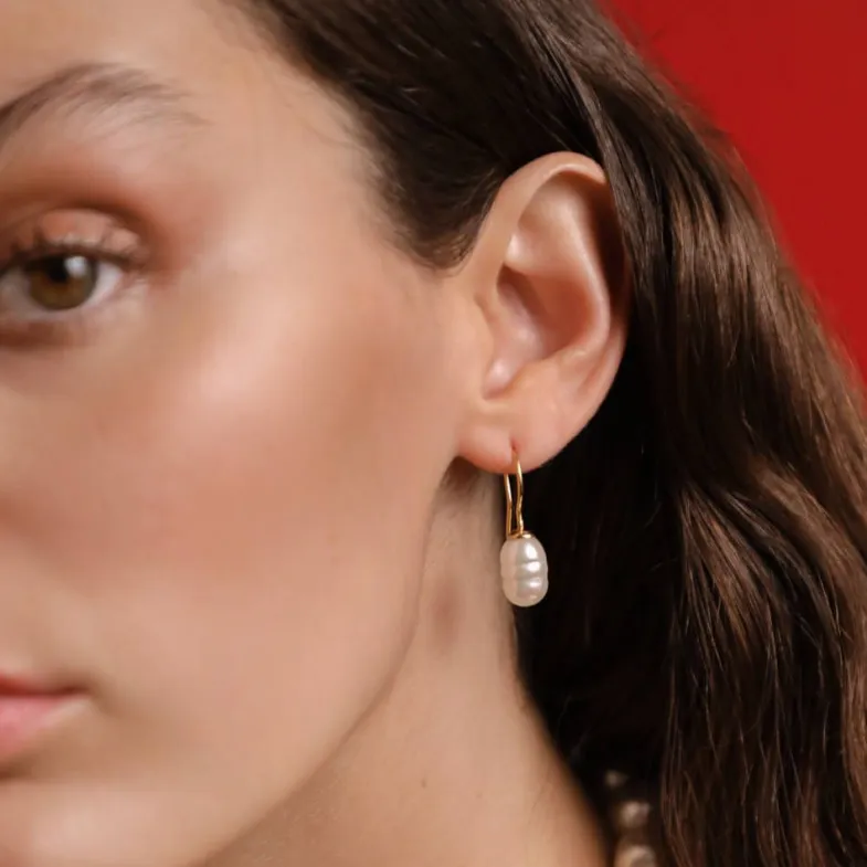 Pearl Drop Earrings|Majorica Gold Plated Earrings Tender With 8Mm Barroque Pearl