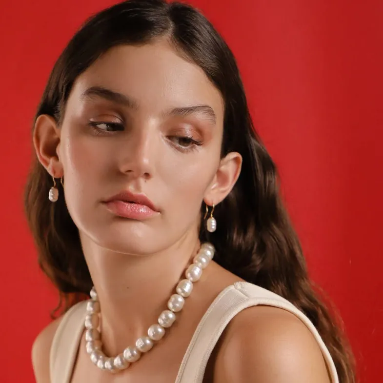 Pearl Drop Earrings|Majorica Gold Plated Earrings Tender With 8Mm Barroque Pearl