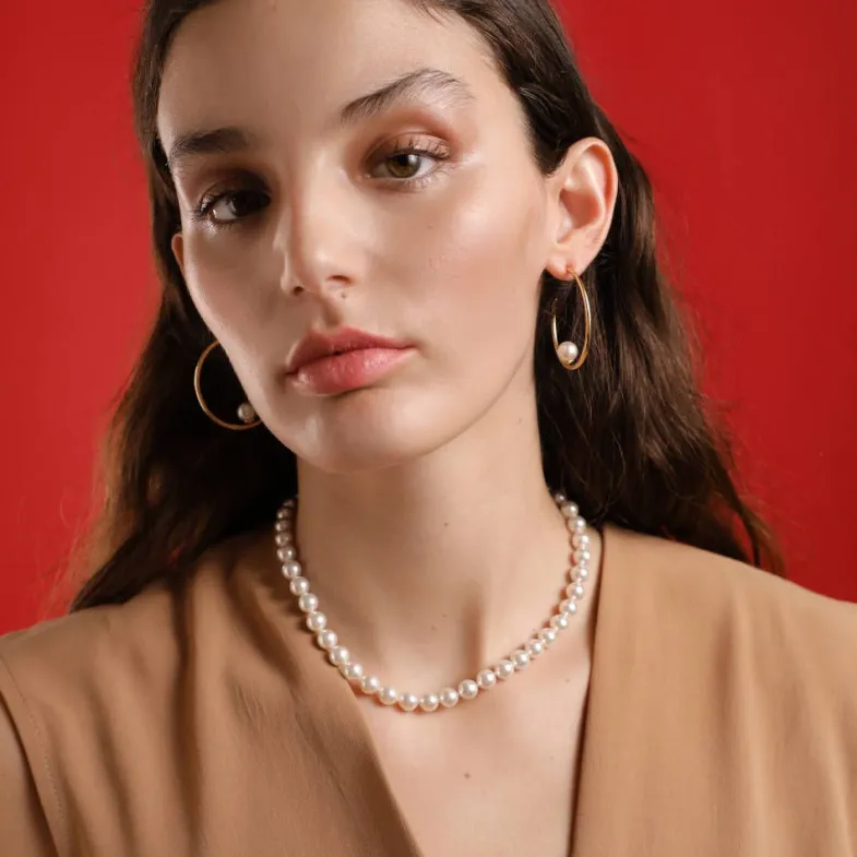 Long Pearl Necklaces|Majorica Gold Plated Necklace Lyra With 8Mm White Pearl 40Cm Tab Lock