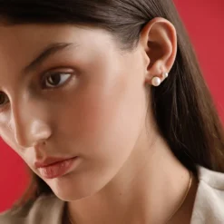 Pearl Stud Earrings|Majorica Gold-Plated Stud Earrings Lyra With White 8Mm Pearl