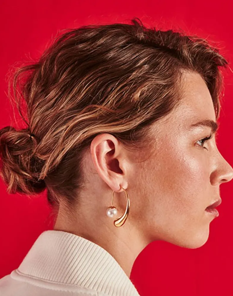Pearl Hoop Earrings|Majorica Juno Drop-Shaped Hoop Earrings In Golden Steel