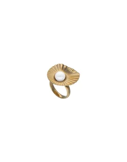 Large Pearl Rings|Majorica Large Le Palm Gold-Steel Ring With White Pearl