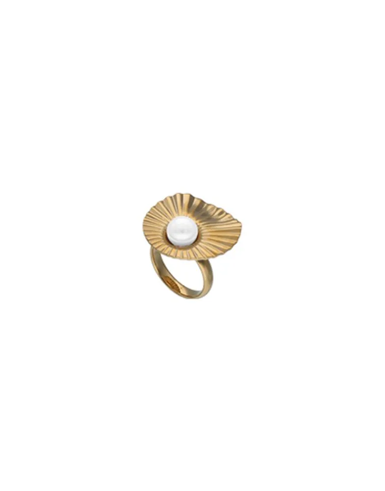 Large Pearl Rings|Majorica Large Le Palm Gold-Steel Ring With White Pearl