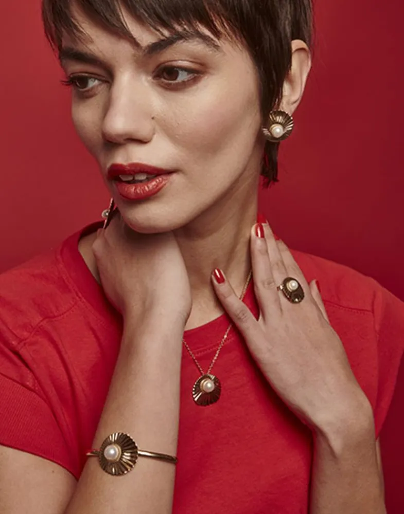 Large Pearl Rings|Majorica Large Le Palm Gold-Steel Ring With White Pearl