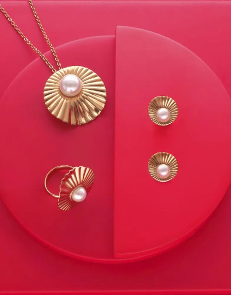Large Pearl Rings|Majorica Large Le Palm Gold-Steel Ring With White Pearl