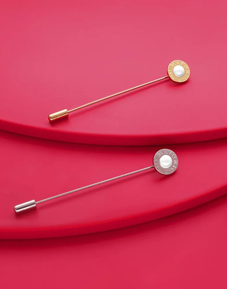 Pins|Majorica Le Club Long Steel Broach With Logo And White Half Pearl