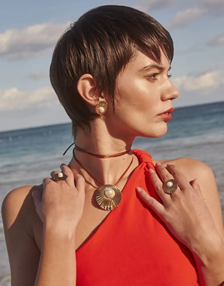 Short Earrings|Majorica Le Palm Pearl Gold-Steel Earrings With Omega Clasp