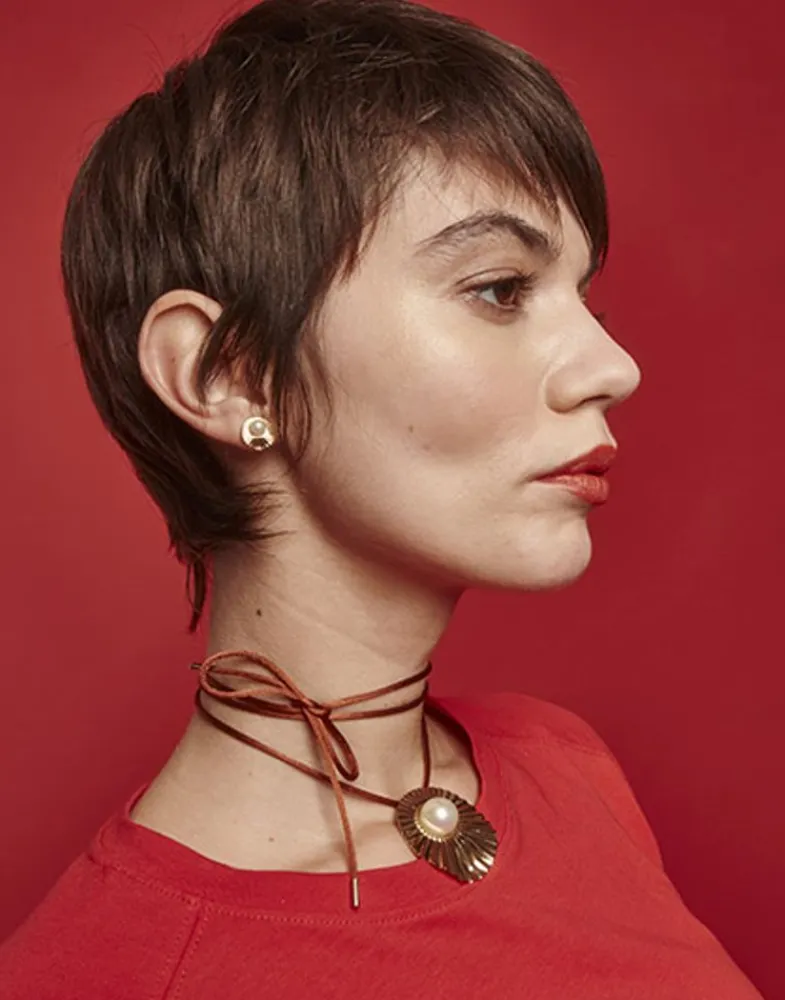 Short Earrings|Majorica Le Palm Pearl Gold-Steel Short Earrings