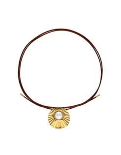 Pendants With Chain|Majorica Le Palm White Pearl Gold-Plated Steel Necklace With Brown Silk Cord
