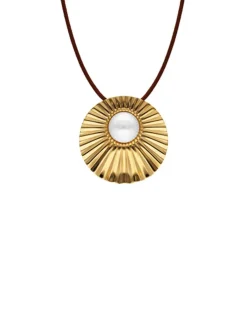 Pendants With Chain|Majorica Le Palm White Pearl Gold-Plated Steel Necklace With Brown Silk Cord