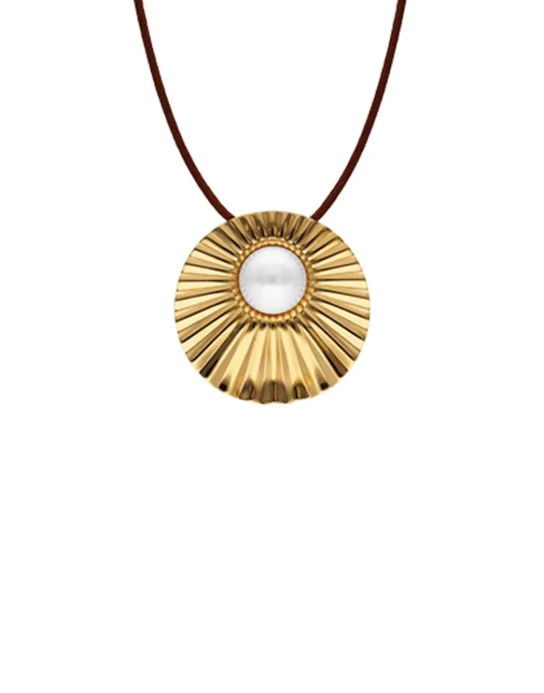 Pendants With Chain|Majorica Le Palm White Pearl Gold-Plated Steel Necklace With Brown Silk Cord