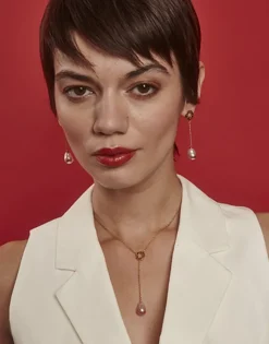 Pearl Drop Earrings|Majorica Long Luar Earrings With Ruby Red Gradient Baroque Pearls
