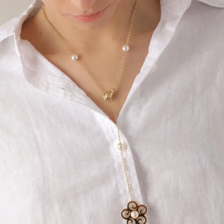 Pearl Chain Necklaces|Majorica Long Roxana Necklace With Pearl Flower