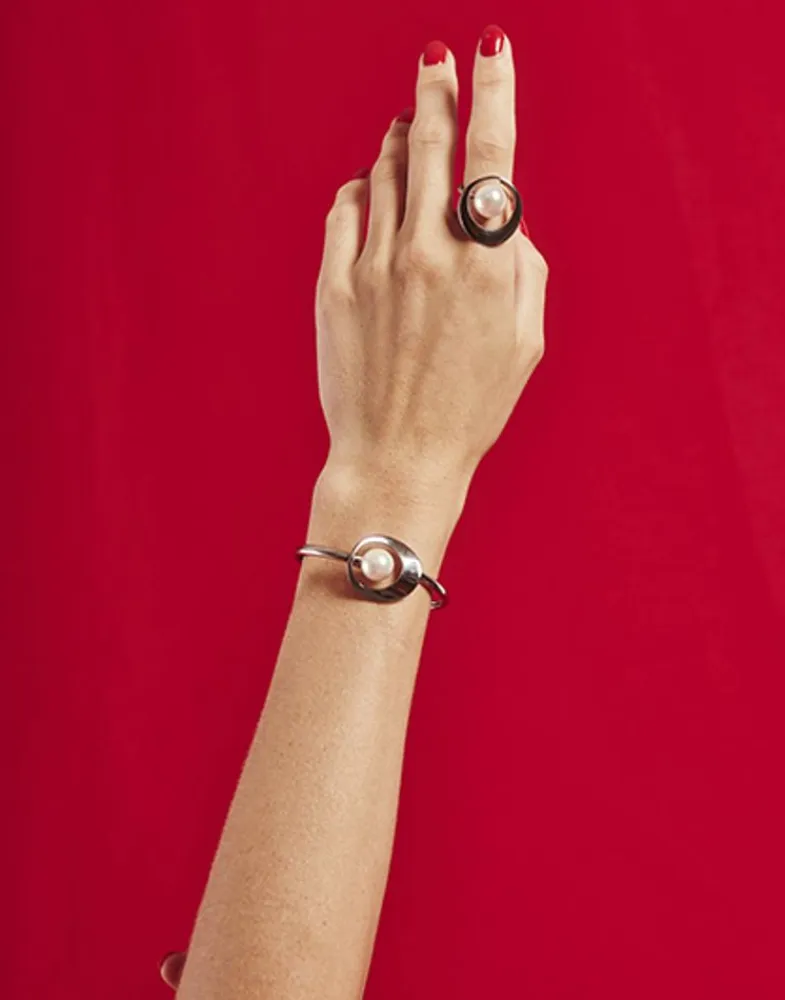 Large Pearl Rings|Majorica Petra Ring In Steel With Round White Pearl