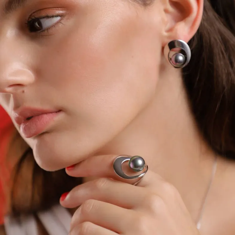 Large Pearl Rings|Majorica Petra Ring With Grey Pearl In Steel