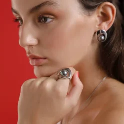 Large Pearl Rings|Majorica Petra Ring With Grey Pearl In Steel