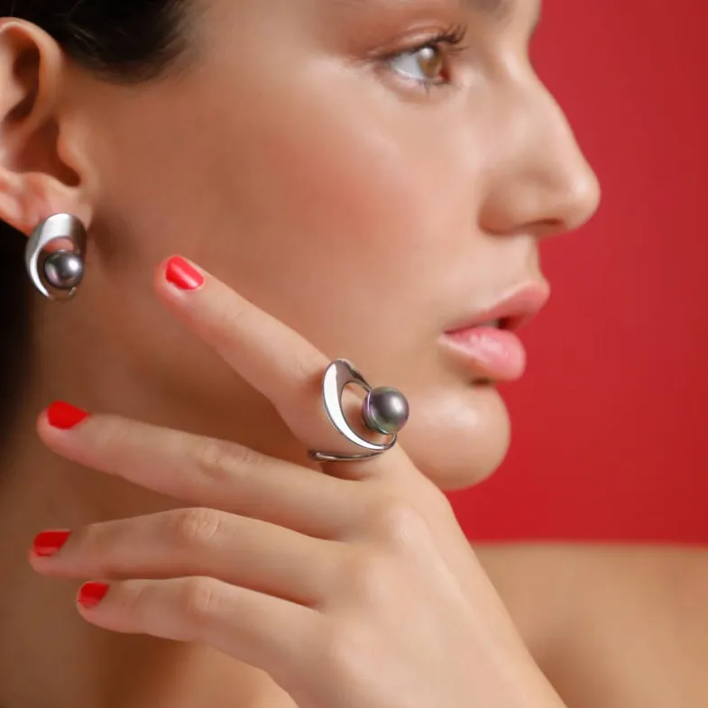 Large Pearl Rings|Majorica Petra Ring With Grey Pearl In Steel