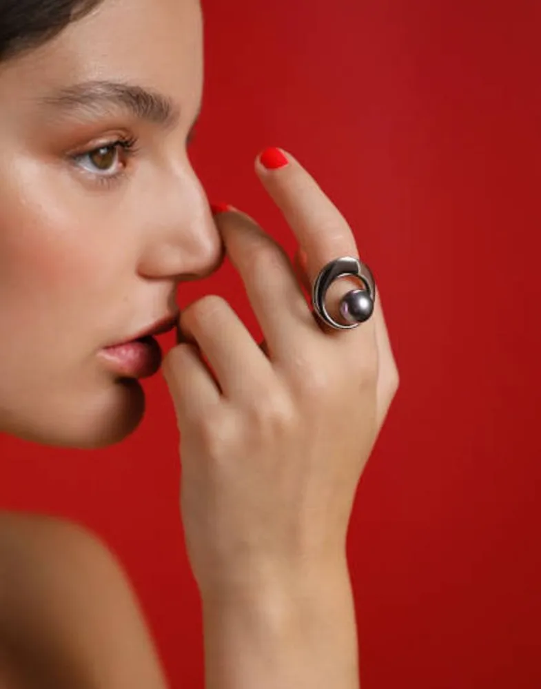 Large Pearl Rings|Majorica Petra Ring With Grey Pearl In Steel