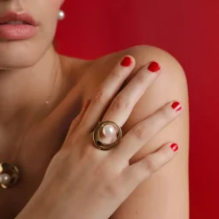 Large Pearl Rings|Majorica Petra Ring With Pearl In Gold Steel