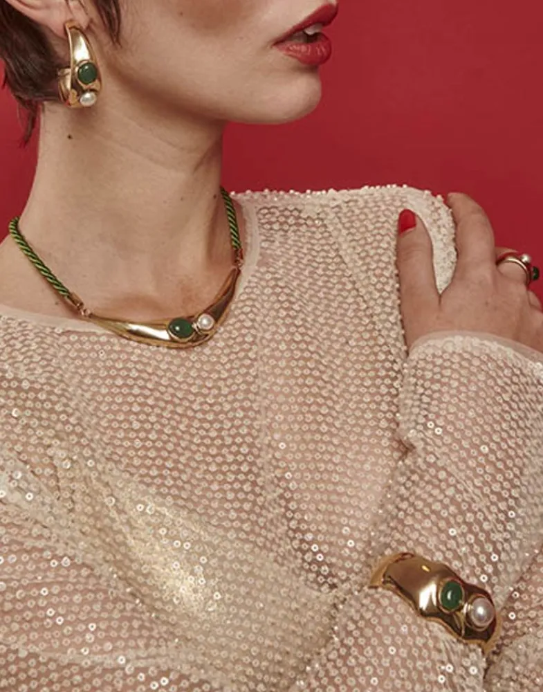 Bangle Bracelets|Majorica Rigid Feme Wide Bracelet With Pearls And Green Agates