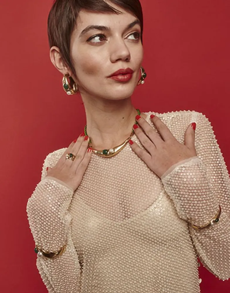 Bangle Bracelets|Majorica Rigid Feme Wide Bracelet With Pearls And Green Agates
