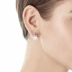Bridal Earrings|Majorica Romance Earrings With A Round Pearl And Cubic Zirconias