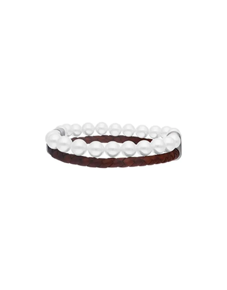 Leather Bracelets|Majorica Sailor Bracelet In Steel, Brown Leather And White Pearl 21Cm