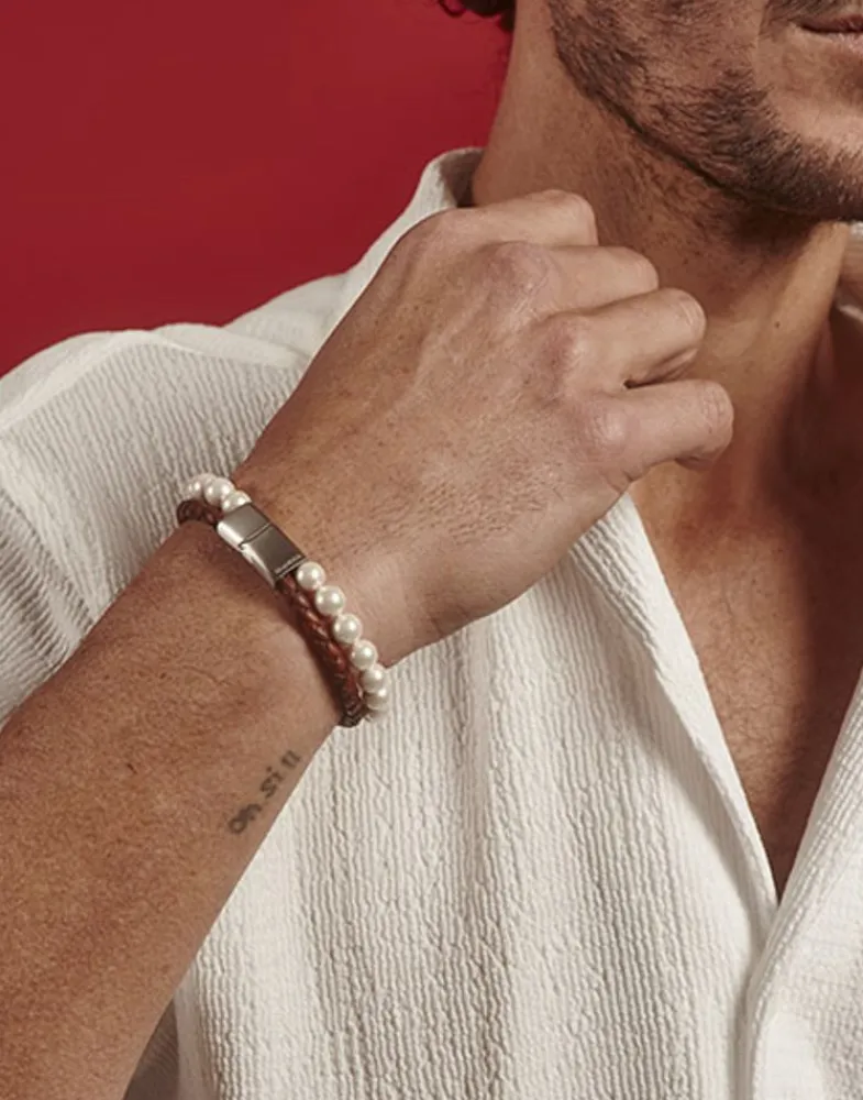 Leather Bracelets|Majorica Sailor Bracelet In Steel, Brown Leather And White Pearl 21Cm