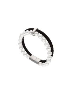 Leather Bracelets|Majorica Sailor Bracelet In Steel, Brown Leather And White Pearl 21Cm