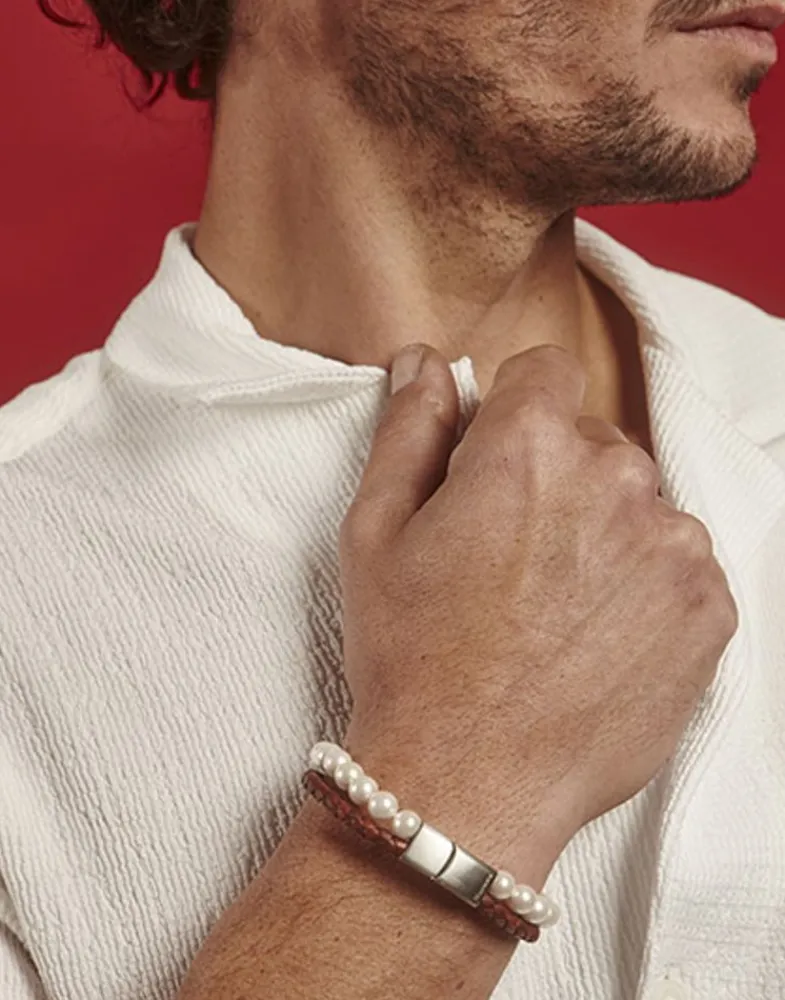 Leather Bracelets|Majorica Sailor Bracelet In Steel, Brown Leather And White Pearl 22Cm