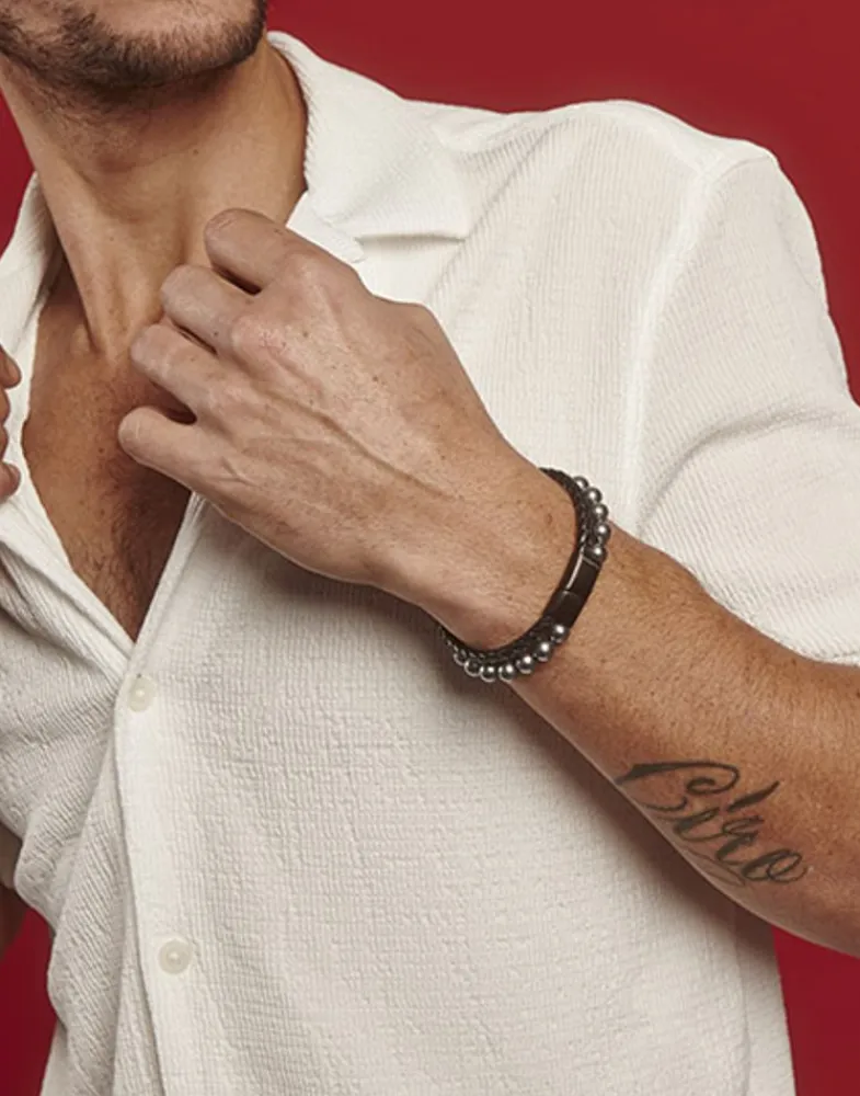 Leather Bracelets|Majorica Sailor Bracelet In Steel, Leather And Grey Pearl 21Cm