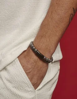 Leather Bracelets|Majorica Sailor Bracelet In Steel, Leather And Grey Pearl 21Cm