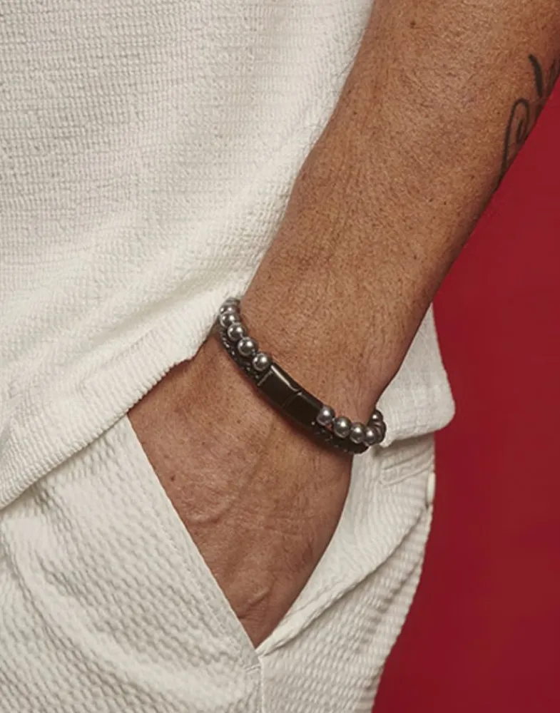Leather Bracelets|Majorica Sailor Bracelet In Steel, Leather And Grey Pearl 21Cm