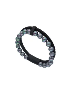 Leather Bracelets|Majorica Sailor Bracelet In Steel, Leather And Grey Pearl 22Cm