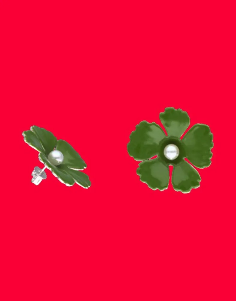 Short Earrings|Majorica Santorini Large Flower Olive Green Earrings In Silver