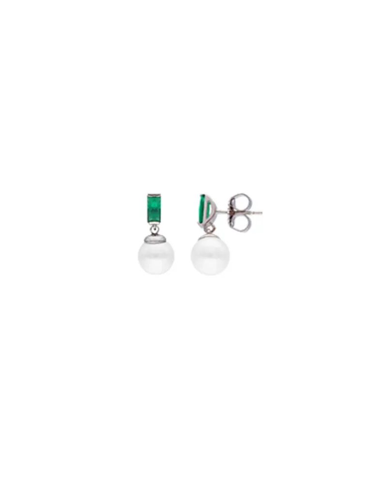 Short Earrings|Majorica Selene You&Me Silver Earrings With Pearl And Emerald Green Zirconia