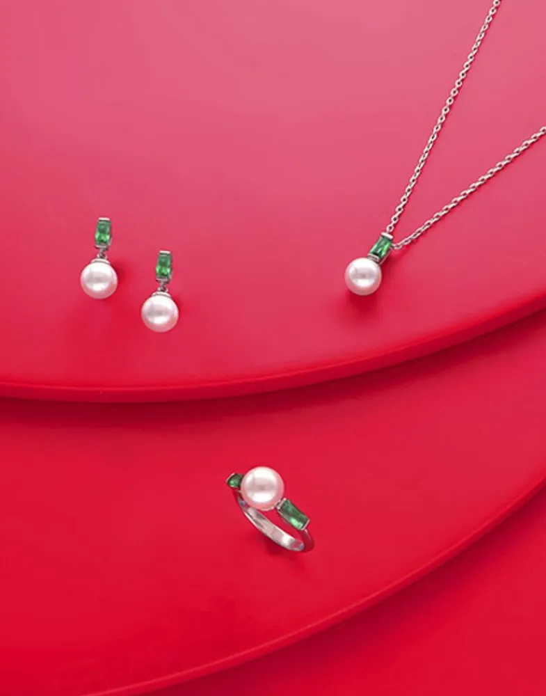 Short Earrings|Majorica Selene You&Me Silver Earrings With Pearl And Emerald Green Zirconia