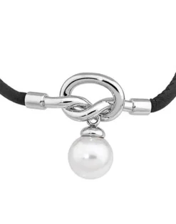 Leather Bracelets|Majorica Sicilia Leather Bracelet With A Silver Knot And A Round Pearl