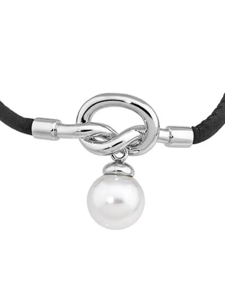 Leather Bracelets|Majorica Sicilia Leather Bracelet With A Silver Knot And A Round Pearl