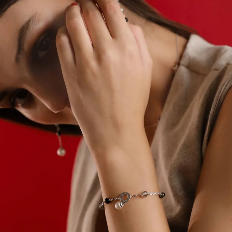 Chain Bracelets|Majorica Silver Algaida Bracelet With Round Pearl And Black Murano Glass