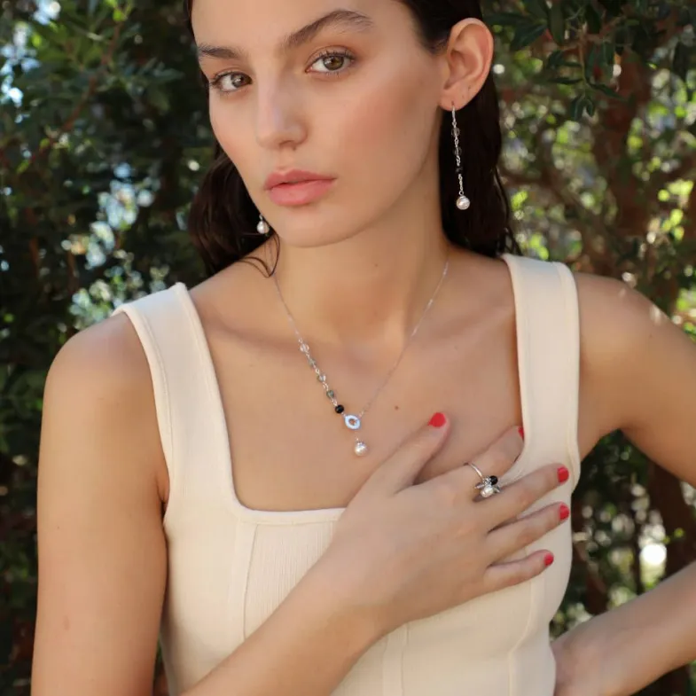 Pearl Chain Necklaces|Majorica Silver Algaida Short Necklace With Pearl And Black Murano Glass
