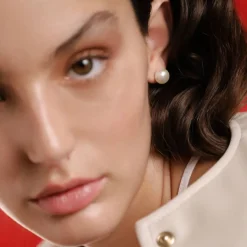 Short Earrings|Majorica Silver Earrings Nuada With 10Mm White Pearl Flattened Round