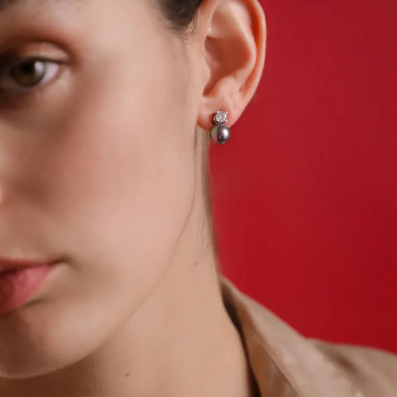Tu & Yo Earrings|Majorica Silver Earrings Selene 8Mm Gray Pearl And Zircons