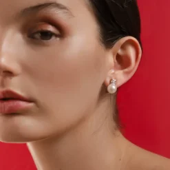 Tu & Yo Earrings|Majorica Silver Earrings Selene With 9Mm White Pearl And Zircons