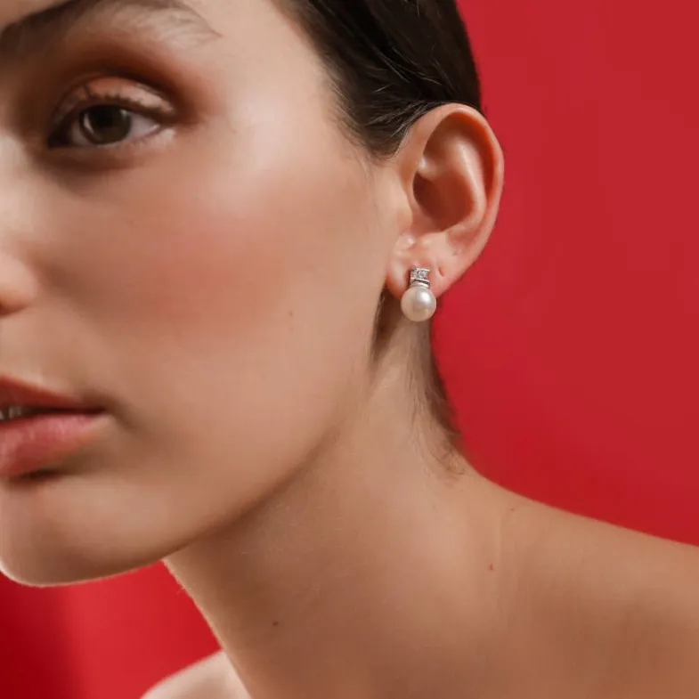 Tu & Yo Earrings|Majorica Silver Earrings Selene With 9Mm White Pearl And Zircons