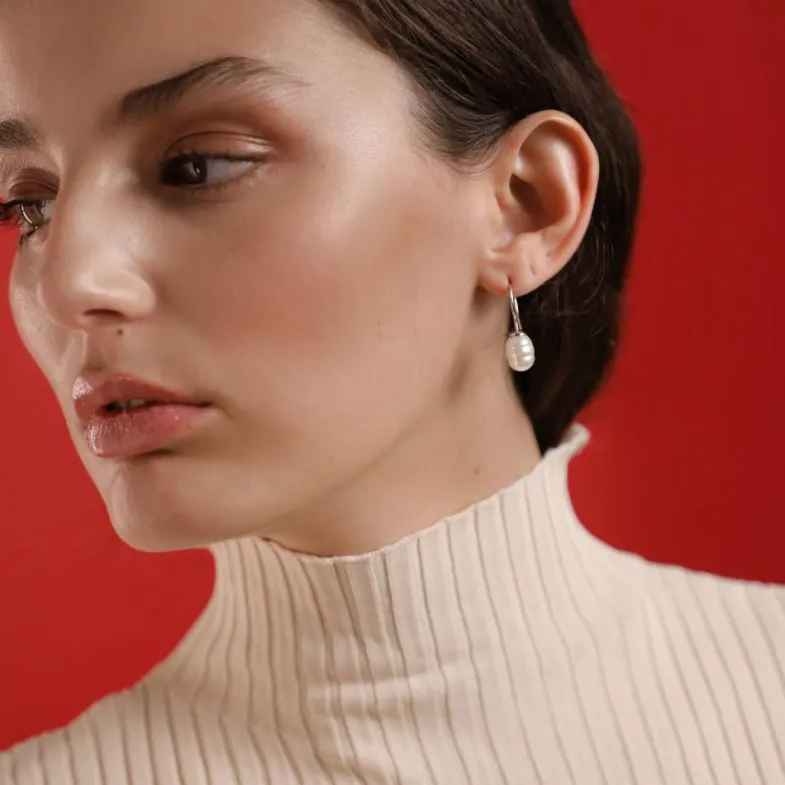 Pearl Drop Earrings|Majorica Silver Earrings Tender With 8Mm Barroque White Pearl