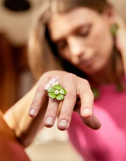 Medium-Sized Rings|Majorica Silver Santorini Large Olive Green Flower Ring