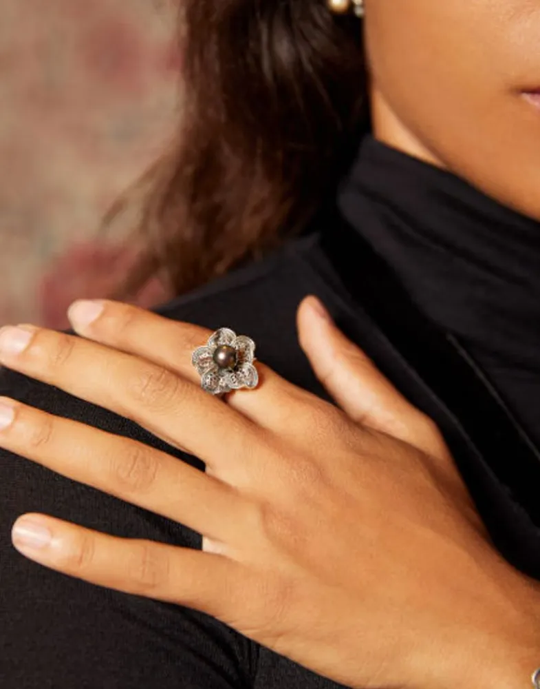 Medium-Sized Rings|Majorica Tahiti Pearl Ring With Flower Peregrina