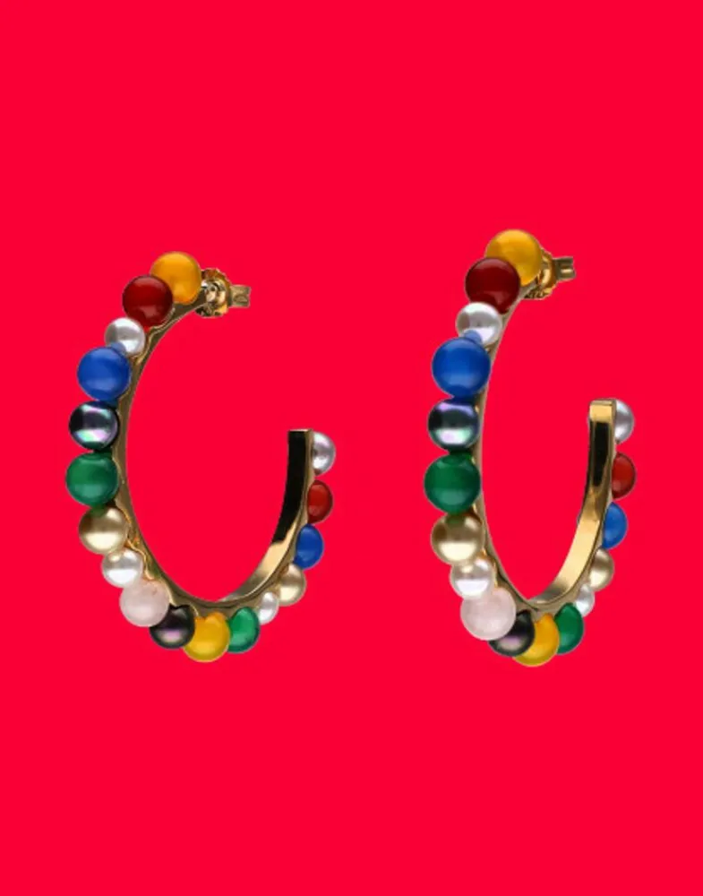 Pearl Hoop Earrings|Majorica Tutti Frutti Gold Hoop Earrings With Multicoloured Agates